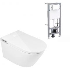 Clean Wave Breeze B700SET toaleta myjąca ze stelażem i przyciskiem wisząca bez kołnierza ze spłukiwaniem wirowym biała