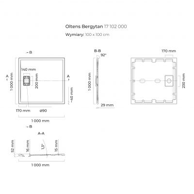 Oltens Bergytan 17102000 brodzik kwadratowy 100x100 cm biały
