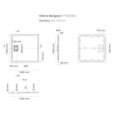 Oltens Bergytan 17102300 brodzik kwadratowy 100x100 cm czarny