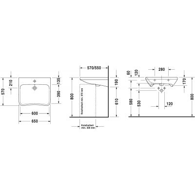 Duravit DuraStyle 2329650000 umywalka 65x57 cm prostokątna ścienna dla niepełnosprawnych biała