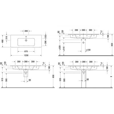 Duravit ME by Starck 2336120000 umywalka 123x49 cm prostokątna ścienna-meblowa-z blatem biała