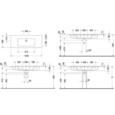 Duravit ME by Starck 2336120060 umywalka 123x49 cm prostokątna ścienna-meblowa-z blatem biała