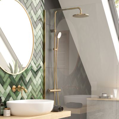 Oltens Atran 36500800 zestaw prysznicowy ścienny termostatyczny z deszczownicą złoty połysk