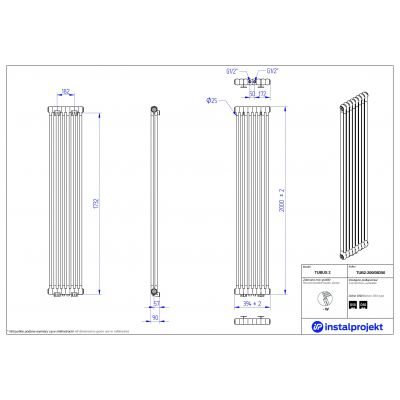 Instal Projekt Tubus 2 TUB220008D50 grzejnik pokojowy 200x39.4 cm podłączenie dolne biały