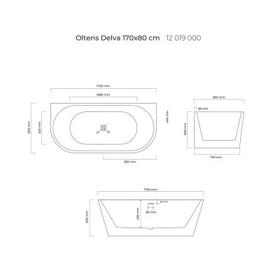 Oltens Delva 12019000 wanna przyścienna 170x80 cm owalna biała